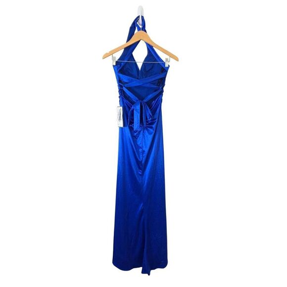 B Darlin Open Back Satin Royal Blue Size 5 Side Slit Maxi Dress NEW - Picture 5 of 9